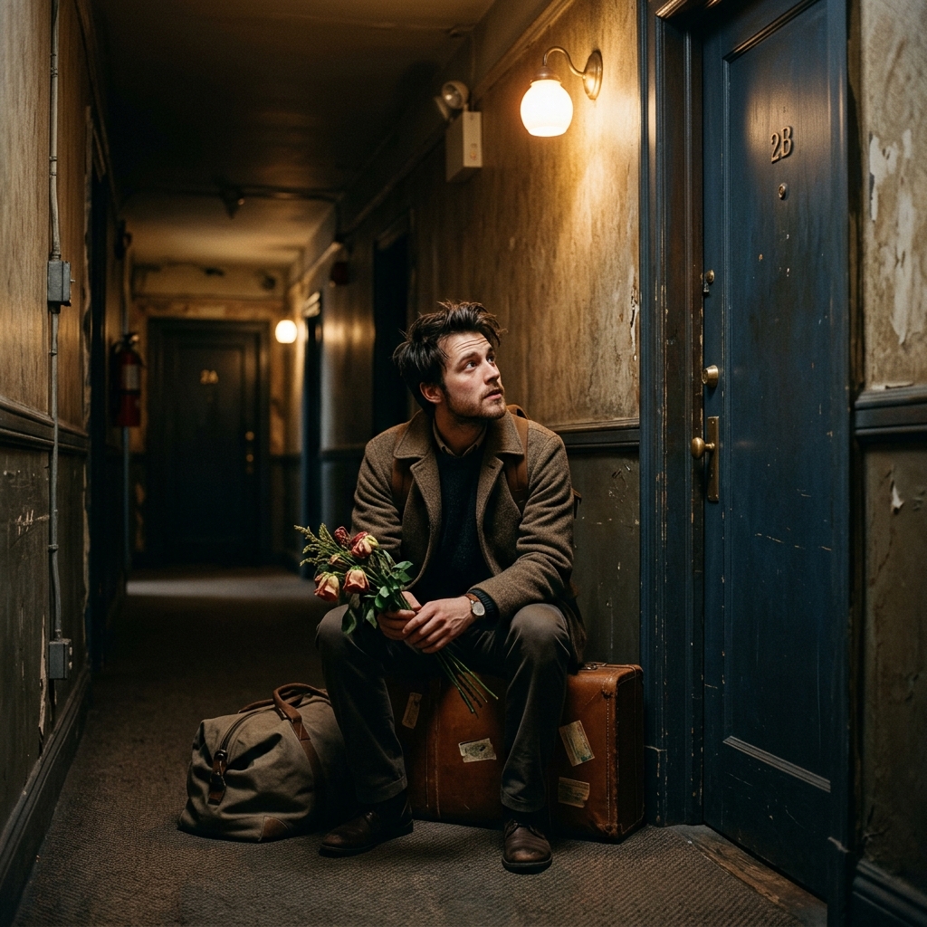 A man sitting on a suitcase in a hallway at night holding flowers