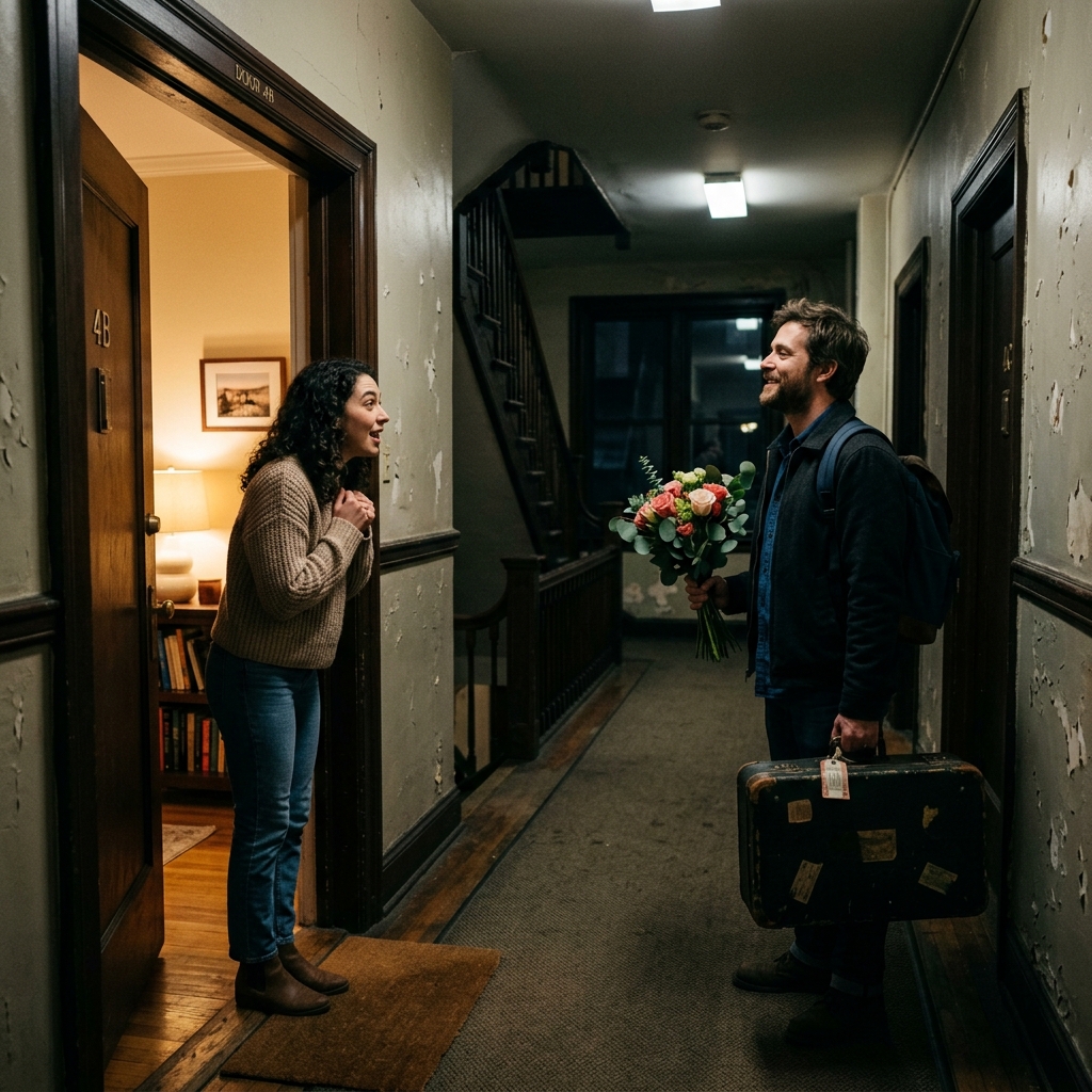 A woman opening her apartment door to find a man with a suitcase