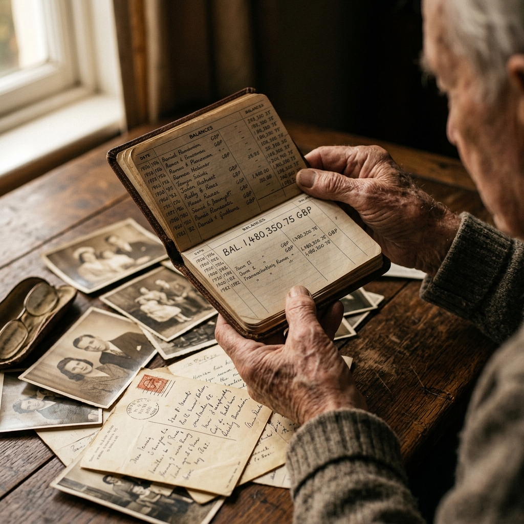 Old hands holding a bank passbook surrounded by family photographs