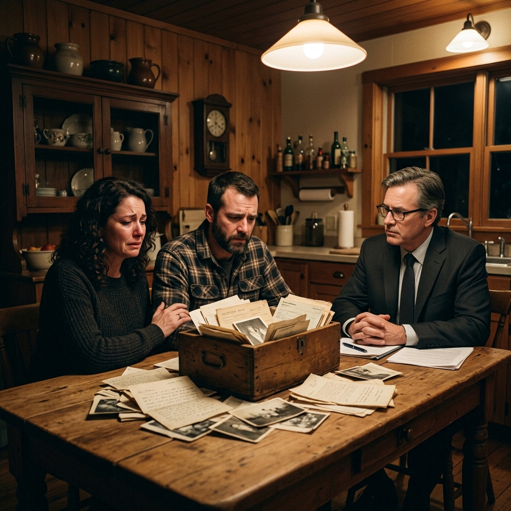 Two siblings looking at old documents from their father's wooden box