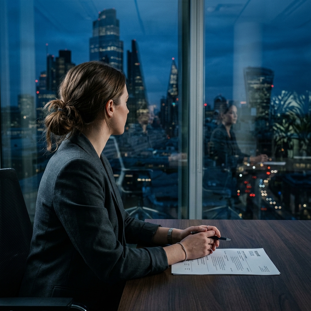 A professional woman's calm hands resting on a desk