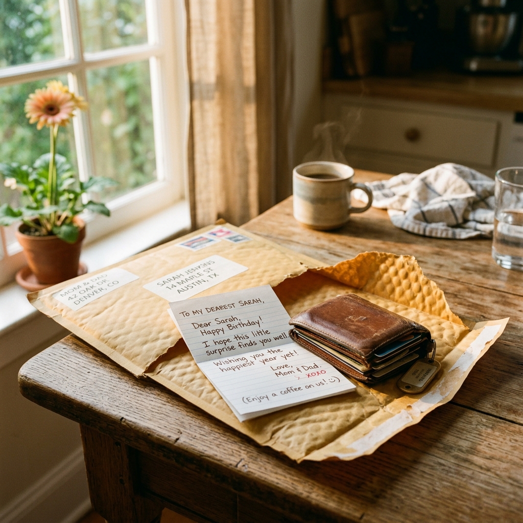 A padded envelope and a folded note