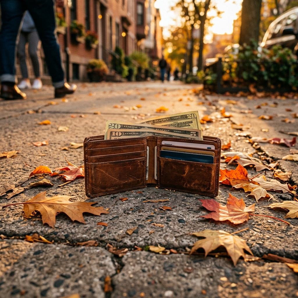 A worn leather wallet on a wooden table