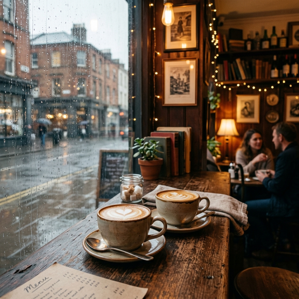 A cozy coffee shop counter in warm light