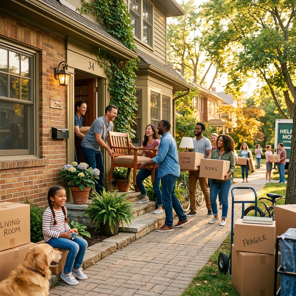 Neighbors helping carry furniture and boxes into a new home