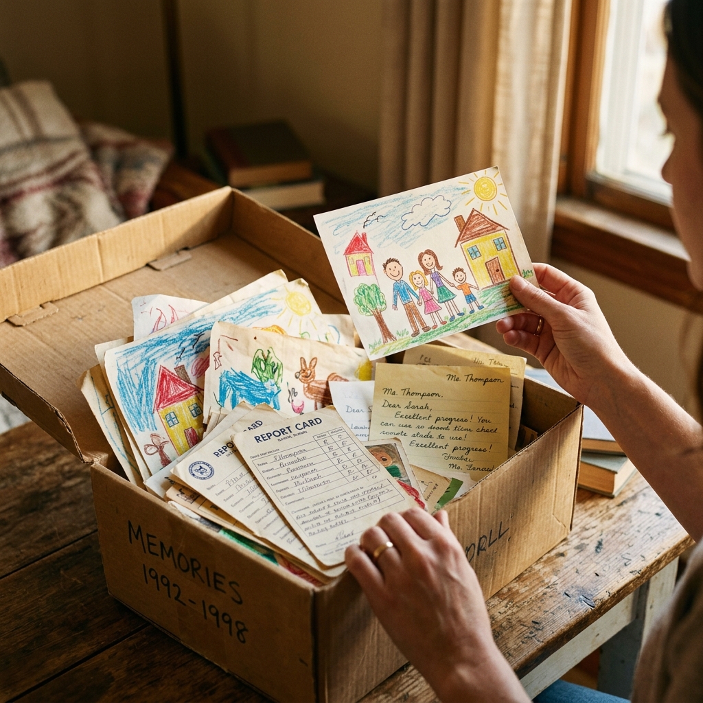 A box of old childhood drawings and letters from a teacher