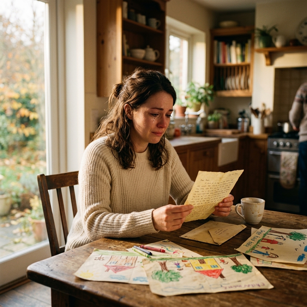 A woman holding old childhood drawings with tears in her eyes