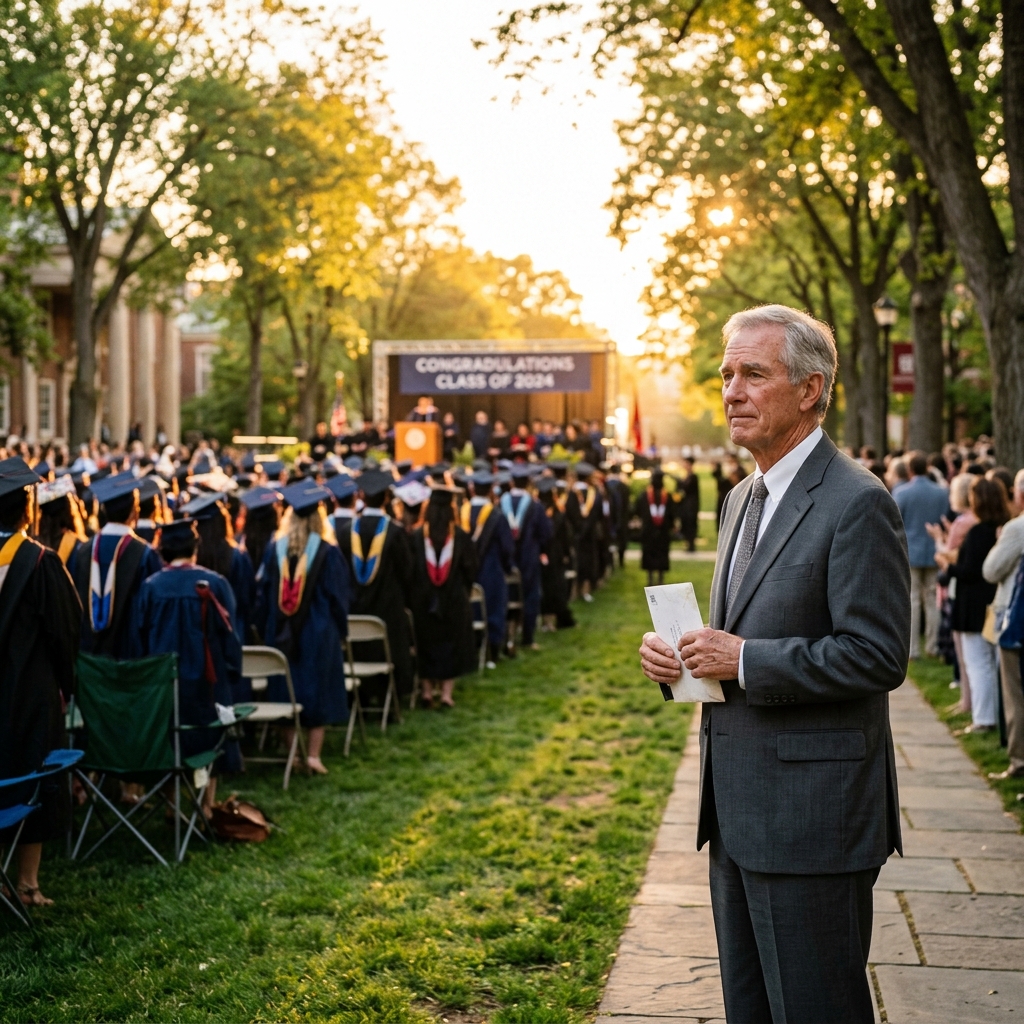 Rows of empty graduation chairs on a field