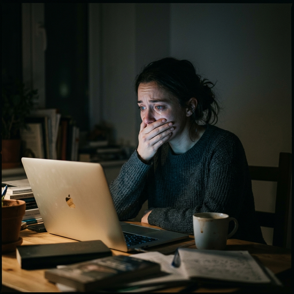 Woman looking at a phone late at night